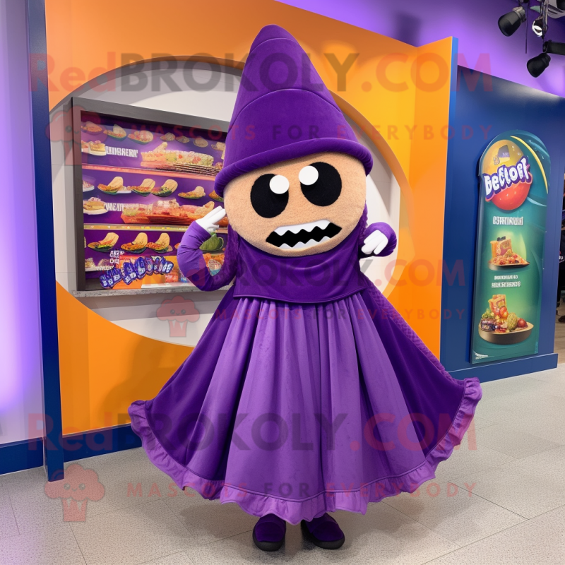Purple Tacos mascot costume character dressed with a Ball Gown and Beanies Purple Tacos mascot costume character dressed with a Ball Gown and Beanies