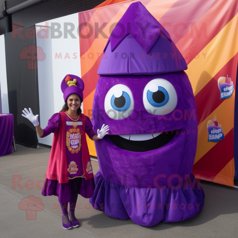 Purple Tacos mascot costume character dressed with a Ball Gown and Beanies Purple Tacos mascot costume character dressed with a Ball Gown and Beanies
