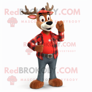 Red Deer mascot costume character dressed with a Flannel Shirt and Bracelets