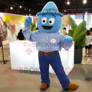 Blue Mango mascot costume character dressed with a Button-Up Shirt and Belts