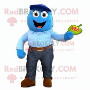 Blue Mango mascot costume character dressed with a Button-Up Shirt and Belts