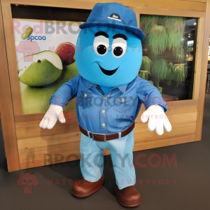 Blue Mango mascot costume character dressed with a Button-Up Shirt and Belts