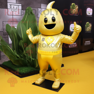 Gold Radish mascot costume character dressed with a Jumpsuit and Bracelets