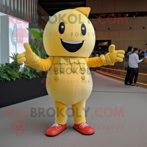 Gold Radish mascot costume character dressed with a Jumpsuit and Bracelets