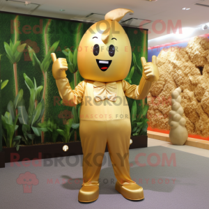 Gold Radish mascot costume character dressed with a Jumpsuit and Bracelets