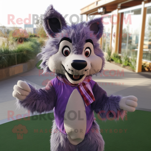 Lavender Hyena mascot costume character dressed with a Hoodie and Bow ties