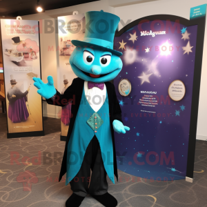 Teal Magician mascot costume character dressed with a Sheath Dress and Pocket squares