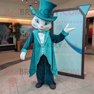 Teal Magician mascot costume character dressed with a Sheath Dress and Pocket squares