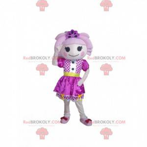Fioletowa maskotka dziewczyna, kolorowy kostium lalki -