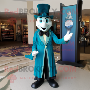 Teal Magician mascot costume character dressed with a Sheath Dress and Pocket squares