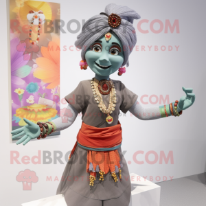 Gray Tikka Masala mascot costume character dressed with a Blouse and Bracelets