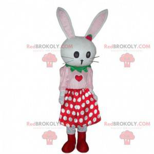 Mascota de conejo blanco con falda de lunares, conejo de