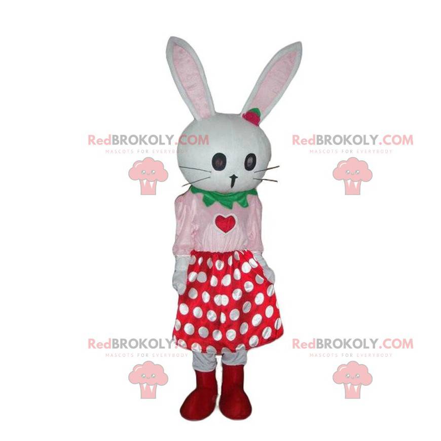 Vit kaninmaskot med prickig kjol, plyschkanin - Redbrokoly.com