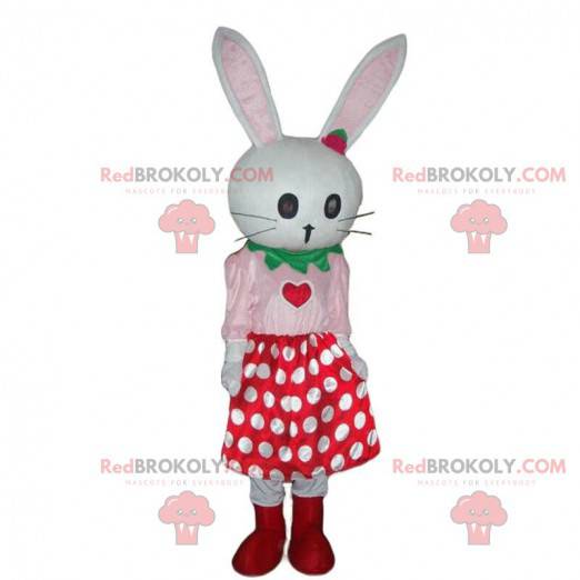 Maskot bílého králíka s polka dot sukní, plyšový králík -
