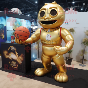 Gold Basketball Ball mascot costume character dressed with a Rash Guard and Watches