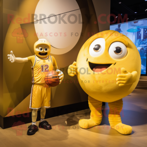 Gold Basketball Ball mascot costume character dressed with a Rash Guard and Watches