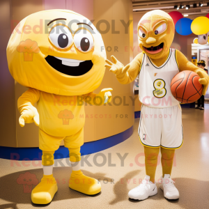 Gold Basketball Ball mascot costume character dressed with a Rash Guard and Watches