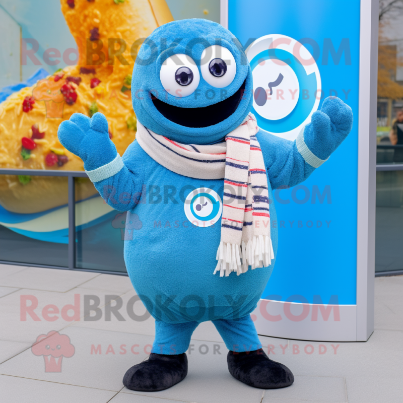 Blue Bagels mascot costume character dressed with a Sweater and Scarves