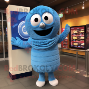 Blue Bagels mascot costume character dressed with a Sweater and Scarves
