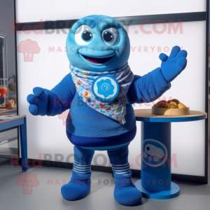 Blue Bagels mascot costume character dressed with a Sweater and Scarves