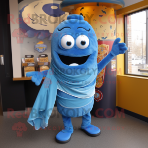 Blue Bagels mascot costume character dressed with a Sweater and Scarves