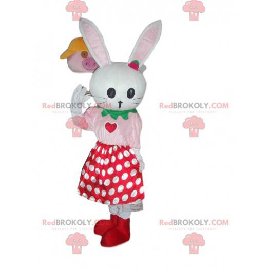 Mascote coelho branco com saia de bolinhas, coelho de pelúcia -