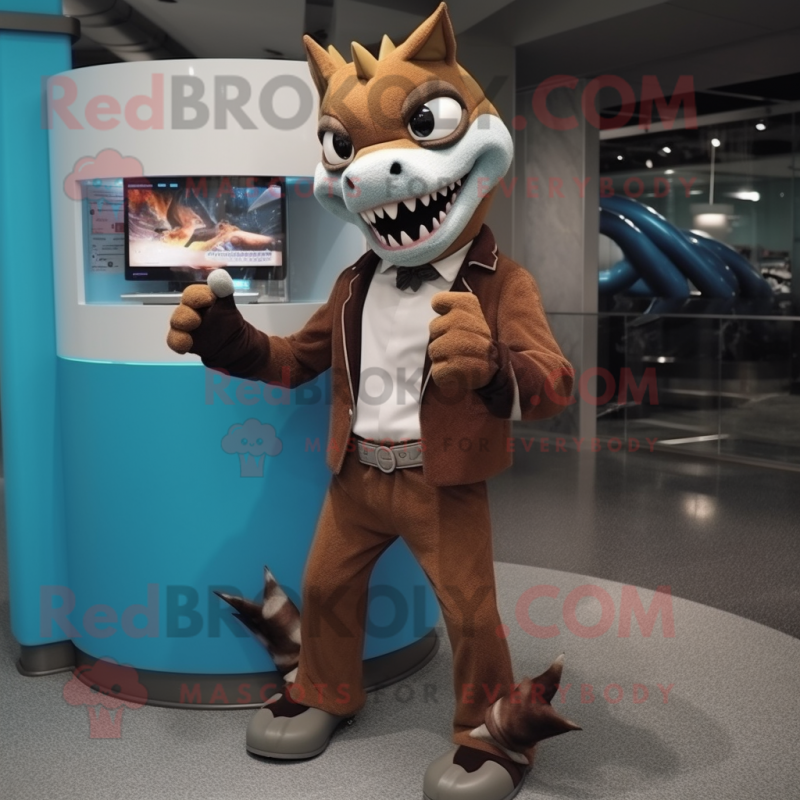 Brown Barracuda mascot costume character dressed with a Suit and Bracelet watches