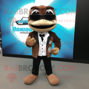 Brown Barracuda mascot costume character dressed with a Suit and Bracelet watches