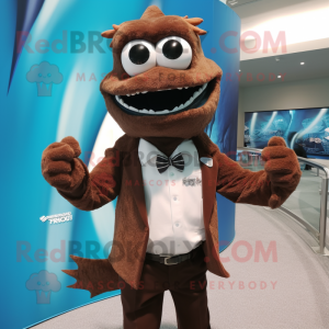 Brown Barracuda mascot costume character dressed with a Suit and Bracelet watches