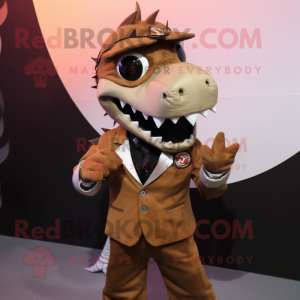 Brown Barracuda mascot costume character dressed with a Suit and Bracelet watches