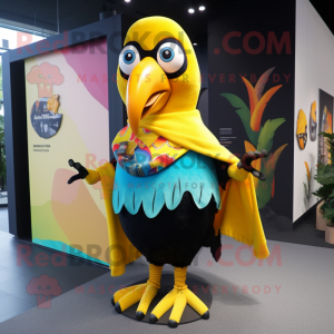 Yellow Toucan mascot costume character dressed with a Wrap Skirt and Scarves