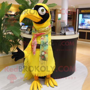 Yellow Toucan mascot costume character dressed with a Wrap Skirt and Scarves