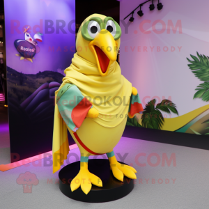 Yellow Toucan mascot costume character dressed with a Wrap Skirt and Scarves