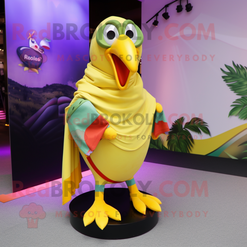 Yellow Toucan mascot costume character dressed with a Wrap Skirt and Scarves