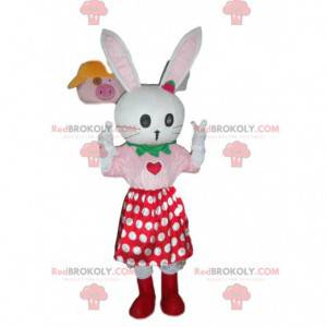 White rabbit mascot with a polka dot skirt, plush rabbit -