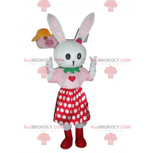 Hvit kaninmaskot med prikkeskjørt, plysj kanin - Redbrokoly.com