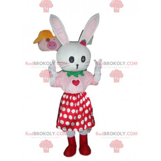 White rabbit mascot with a polka dot skirt, plush rabbit -