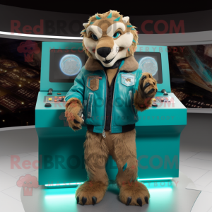 Teal Smilodon mascot costume character dressed with a Leather Jacket and Coin purses