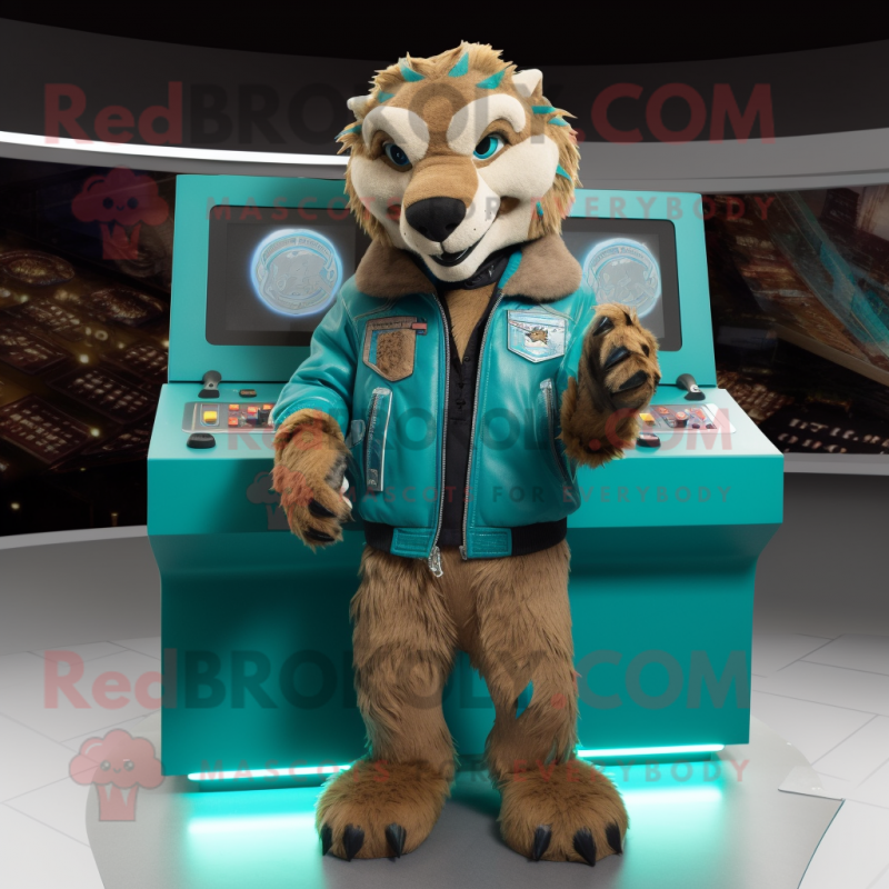 Teal Smilodon mascot costume character dressed with a Leather Jacket and Coin purses Teal Smilodon mascot costume character dressed with a Leather Jacket and Coin purses