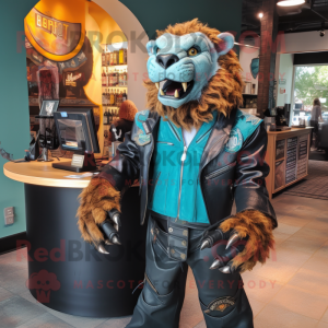 Teal Smilodon mascot costume character dressed with a Leather Jacket and Coin purses