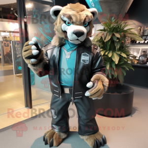 Teal Smilodon mascot costume character dressed with a Leather Jacket and Coin purses