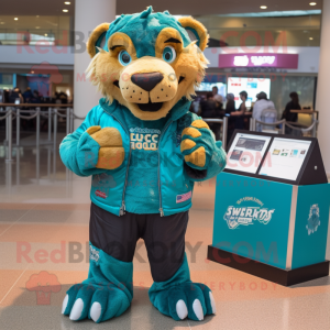 Teal Smilodon mascot costume character dressed with a Leather Jacket and Coin purses