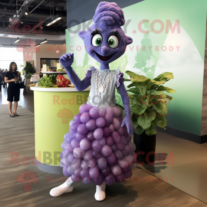 Lavender Grape mascot costume character dressed with a Cocktail Dress and Bracelets