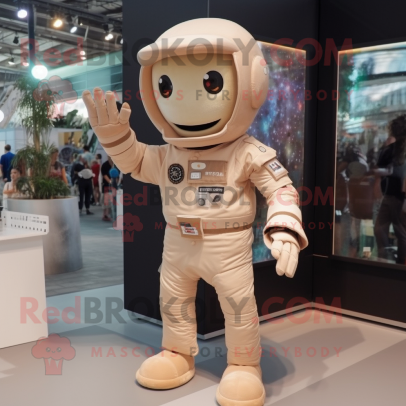 Beige Astronaut mascot costume character dressed with a Button-Up Shirt and Bracelets