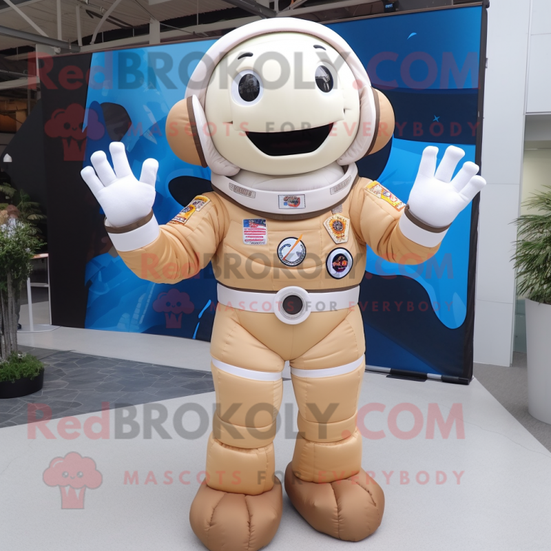 Beige Astronaut mascot costume character dressed with a Button-Up Shirt and Bracelets