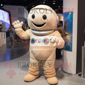 Beige Astronaut mascot costume character dressed with a Button-Up Shirt and Bracelets