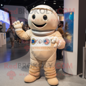 Beige Astronaut mascot costume character dressed with a Button-Up Shirt and Bracelets