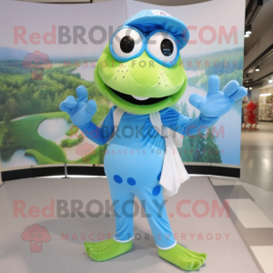 Sky Blue Frog mascot costume character dressed with a Capri Pants and Headbands
