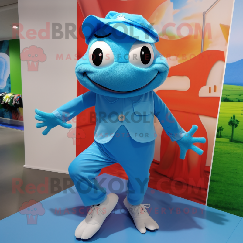 Sky Blue Frog mascot costume character dressed with a Capri Pants and Headbands