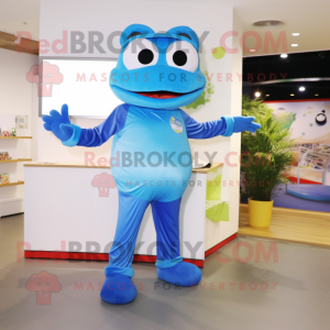 Sky Blue Frog mascot costume character dressed with a Capri Pants and Headbands